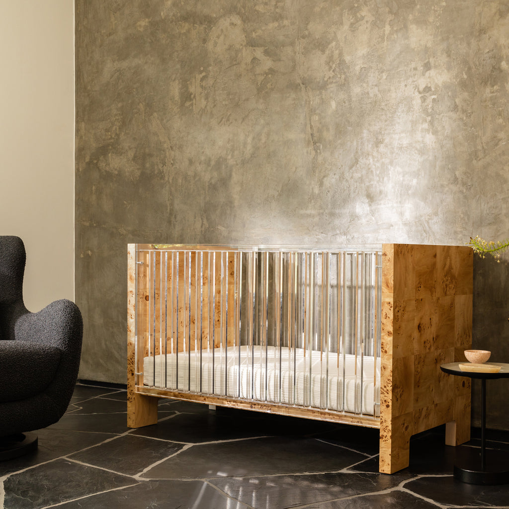 NW26101CKBU,Nursery Works,Altair Crib in Clear Acrylic with Burl