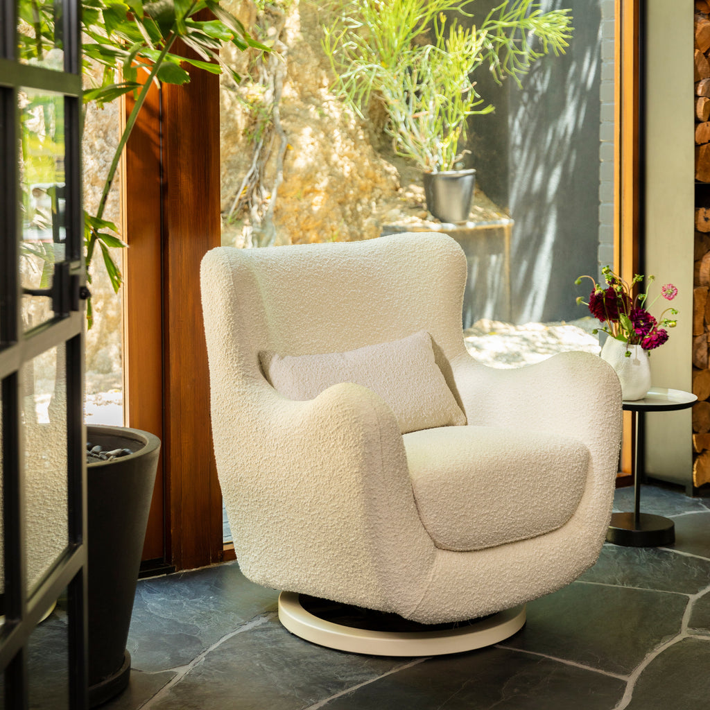 M24187WBIB,Nursery Works,Solstice Swivel Glider in Ivory Boucle w/Ivory Wood Base