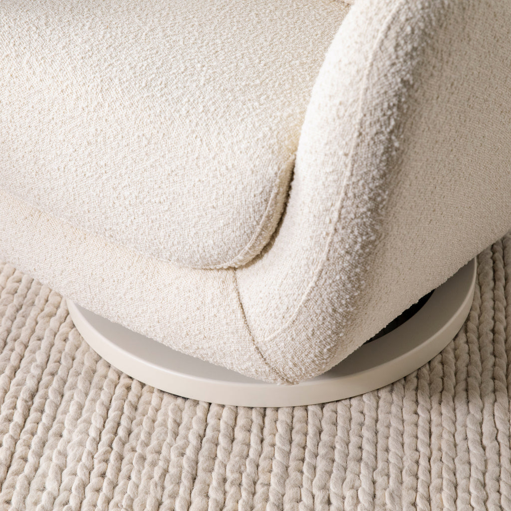 M24187WBIB,Nursery Works,Solstice Swivel Glider in Ivory Boucle w/Ivory Wood Base