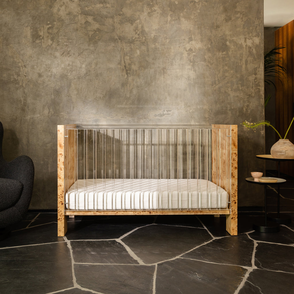 NW26101CKBU,Nursery Works,Altair Crib in Clear Acrylic with Burl