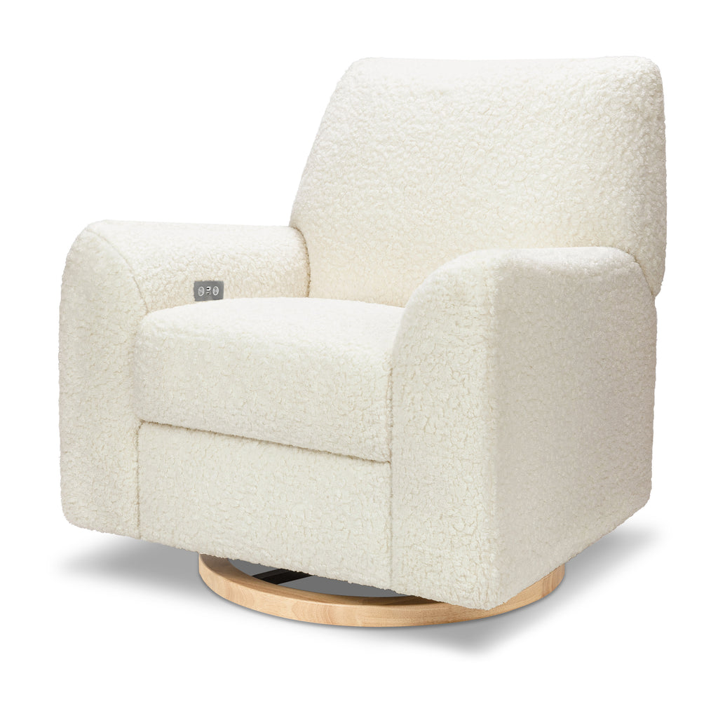 M24087CMSGLB,Nursery Works,Sunday Power Recliner and Swivel Glider in Cream Shearling w/ Light Wood Base