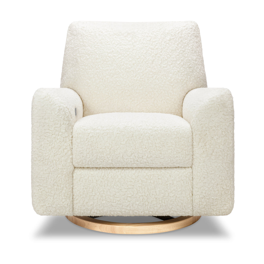 M24087CMSGLB,Nursery Works,Sunday Power Recliner and Swivel Glider in Cream Shearling w/ Light Wood Base