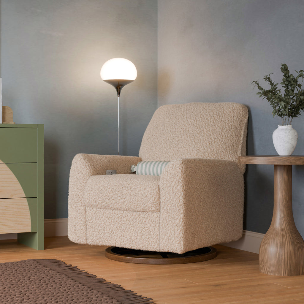 M24087CSGDB,Nursery Works,Sunday Power Recliner and Swivel Glider in Chai Shearling w/ Dark Wood Base