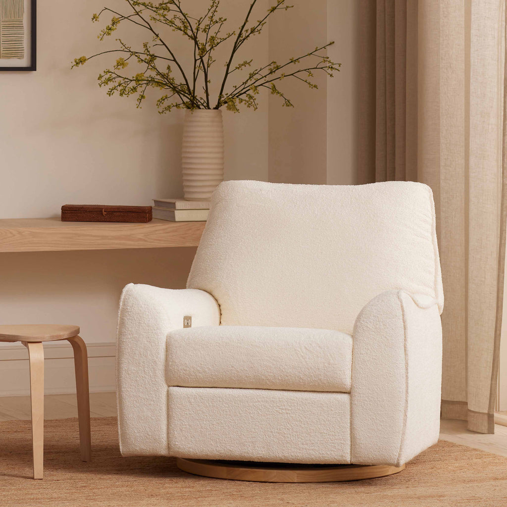 M24087CSHLB,Nursery Works,Sunday Power Recliner and Swivel Glider in Chantilly Fleece w/ Light Wood Base