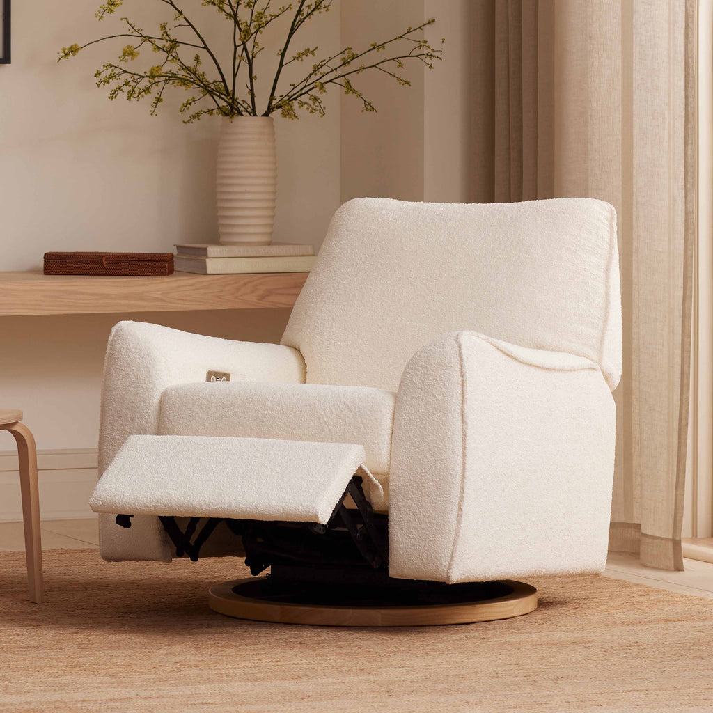 M24087CSHLB,Nursery Works,Sunday Power Recliner and Swivel Glider in Chantilly Fleece w/ Light Wood Base