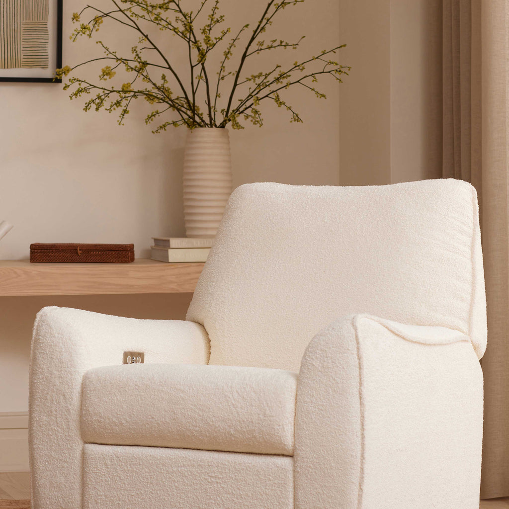 M24087CSHLB,Nursery Works,Sunday Power Recliner and Swivel Glider in Chantilly Fleece w/ Light Wood Base