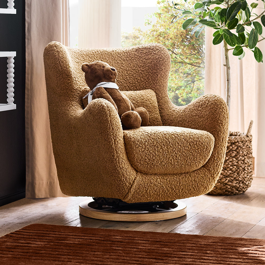 M24187CTSLB,Nursery Works,Solstice Swivel Glider in Cortado Shearling w/ Light Wood Base
