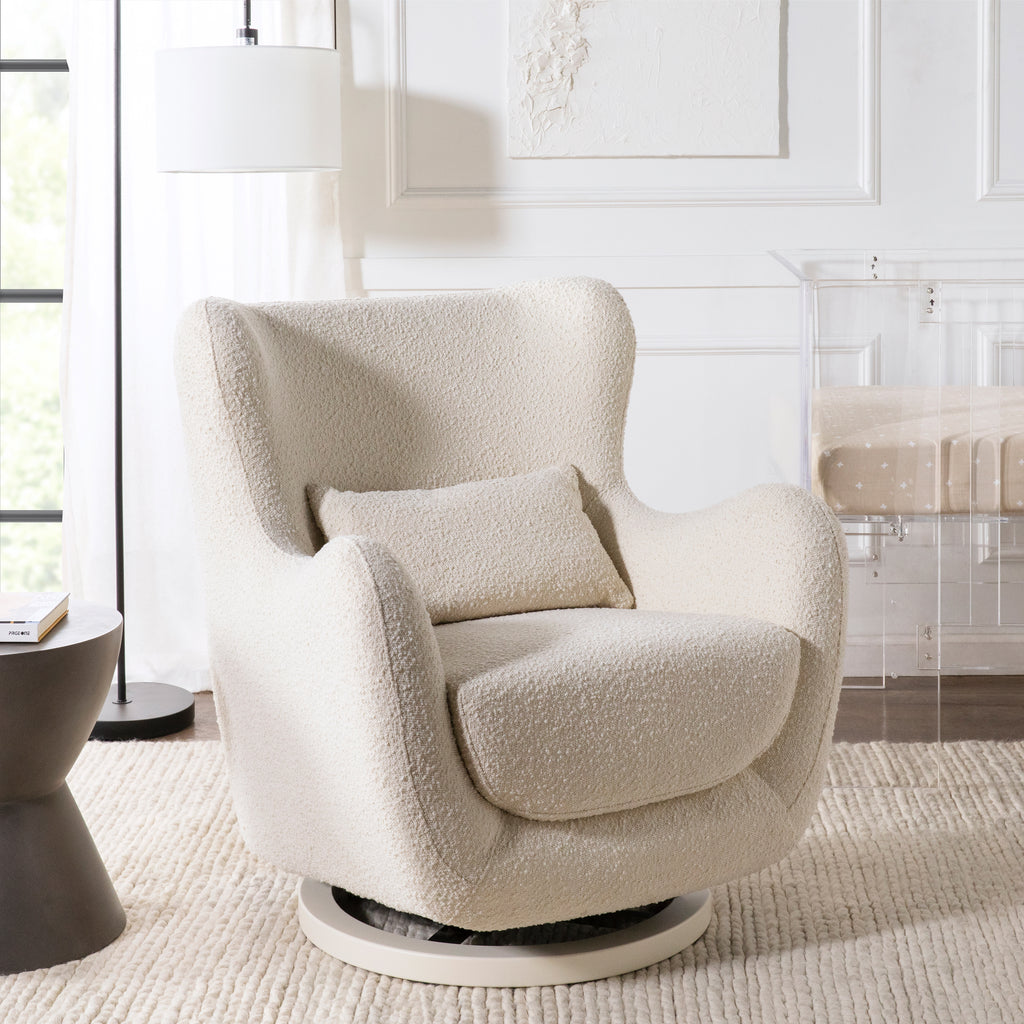 M24187WBIB,Nursery Works,Solstice Swivel Glider in Ivory Boucle w/Ivory Wood Base