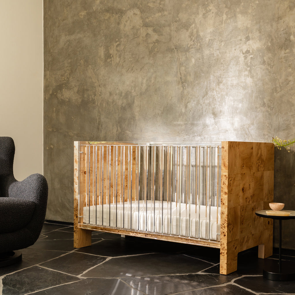 NW26101CKBU,Nursery Works,Altair Crib in Clear Acrylic with Burl