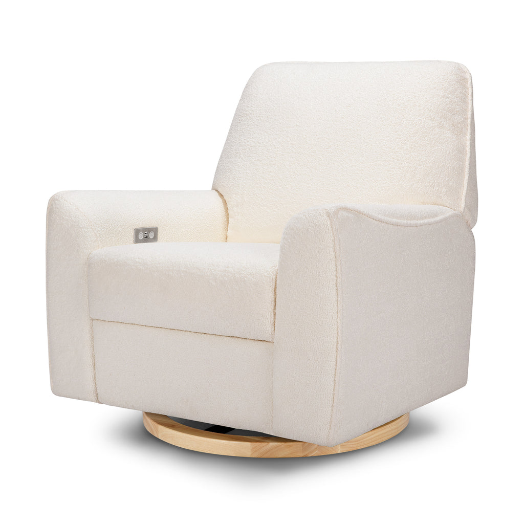 M24087CMSGLB,Nursery Works,Sunday Power Recliner and Swivel Glider in Cream Shearling w/ Light Wood Base Chantilly Fleece with Light Wood Base