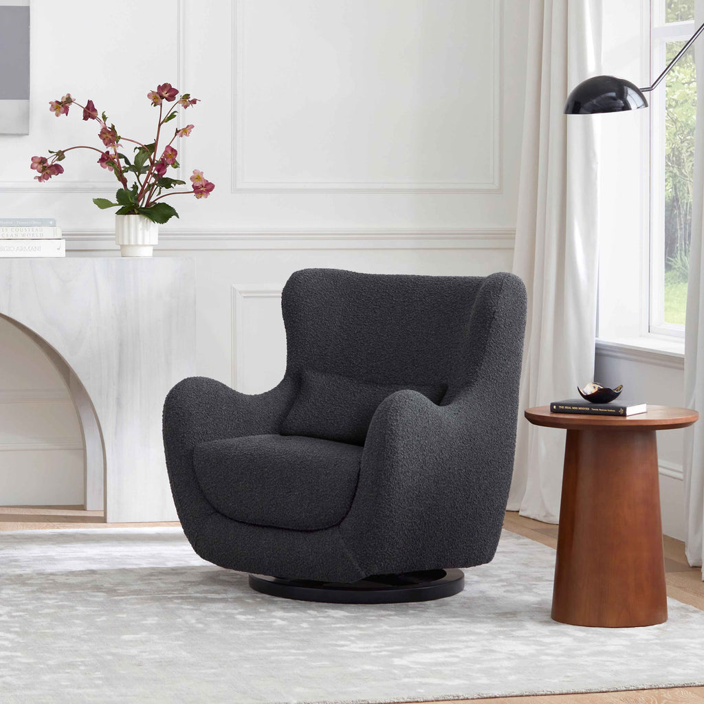 M24187BKBBB,Nursery Works,Solstice Swivel Glider in Black Boucle w/Black Wood Base