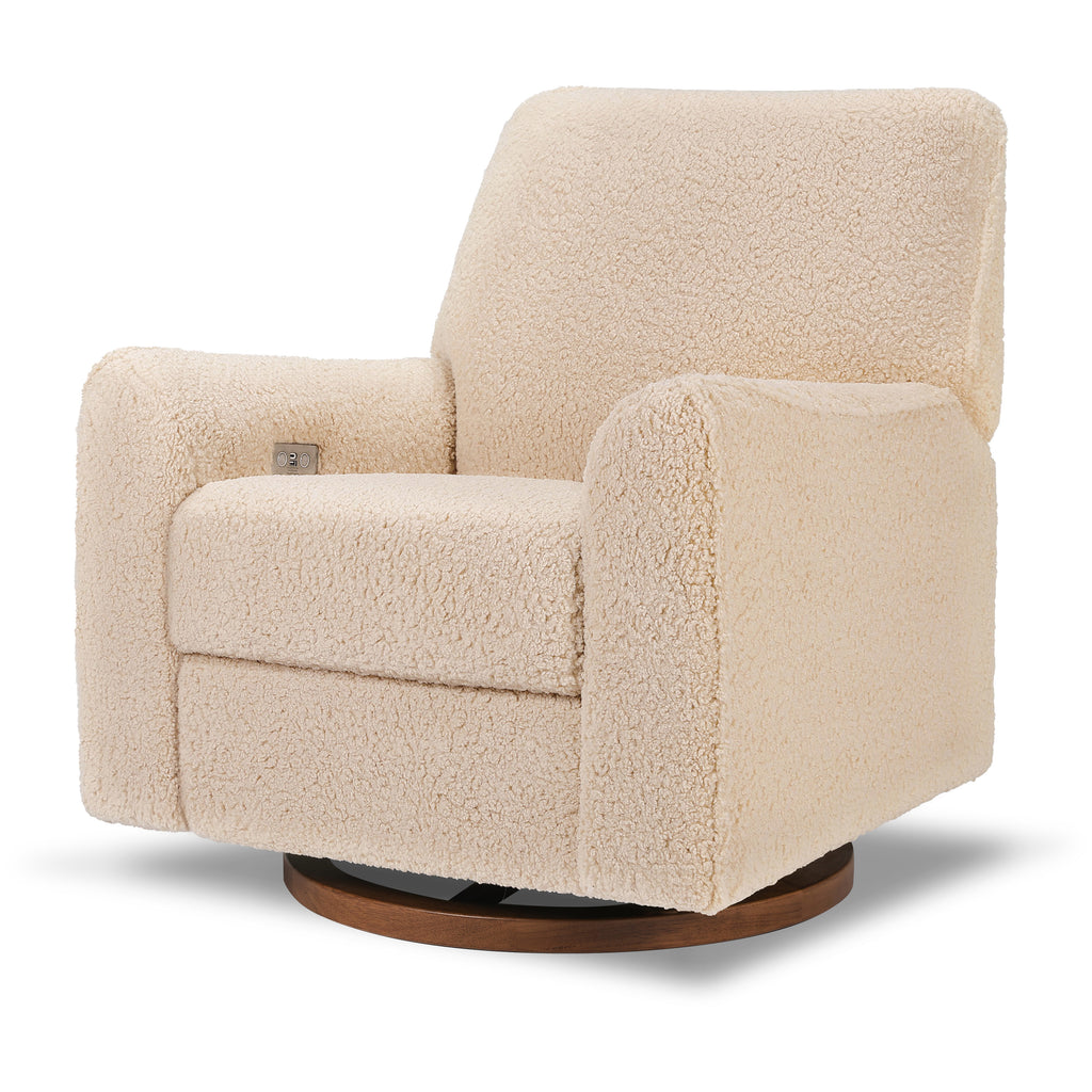 M24087CMSGLB,Nursery Works,Sunday Power Recliner and Swivel Glider in Cream Shearling w/ Light Wood Base Chai Shearling with Dark Wood Base